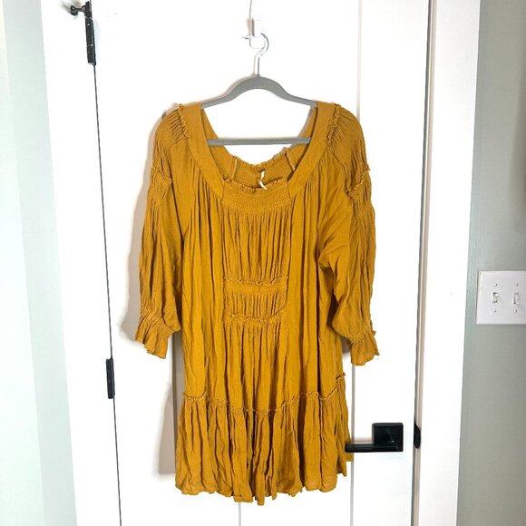 Free People Endless Summer See Ya There Mini Dress Mustard Yellow Boho Gauzy L - Picture 1 of 6